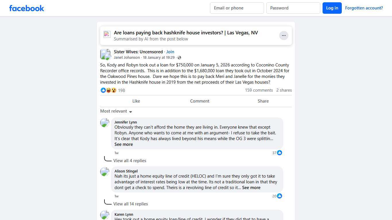 Sister Wives: Uncensored So, Kody and Robyn took out a loan for $750,000 on January 5, 2026 according to Coconino County Recorder office records Facebook